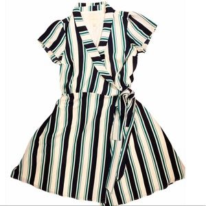ModCloth Navy Blue Green Stripe Collared Wrap Dress Size 1X